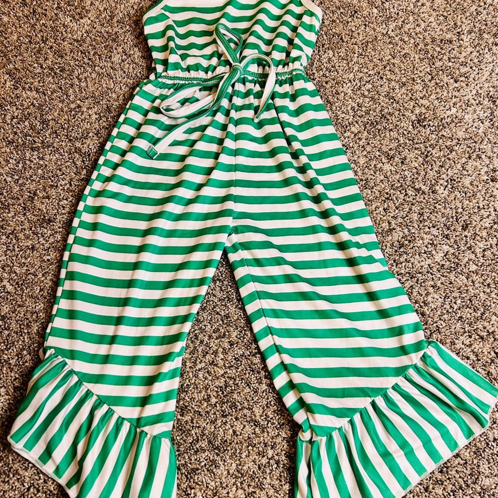 St Patrick’s Day Green and White Striped Wide-Leg Jumpsuit with Ruffle Hem